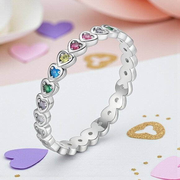 ποΈRainbow Heart Ring S925 Sterling Silver Dainty Minimalist Bundle Offer Sz 7.5 - Picture 1 of 14